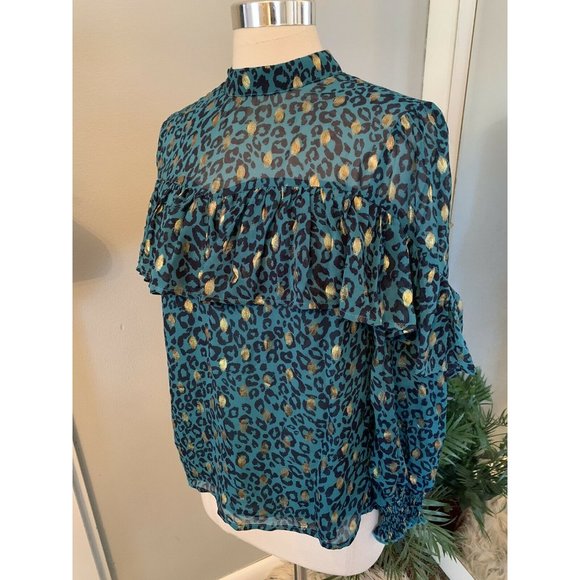 Cheetah Blouse Ruffle High Neck Turquoise Gold S NWT long sleeve animal Print - Picture 4 of 11